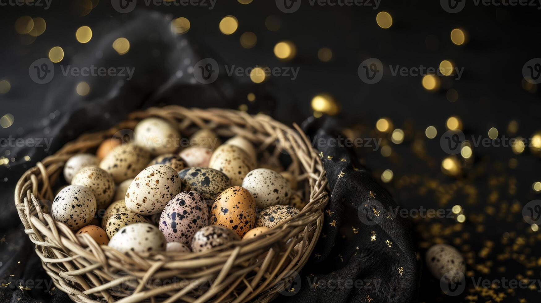 AI generated A basket filled with small speckled eggs on top of a black tablecloth covered tablecloth with gold flecks on it and a black background photo