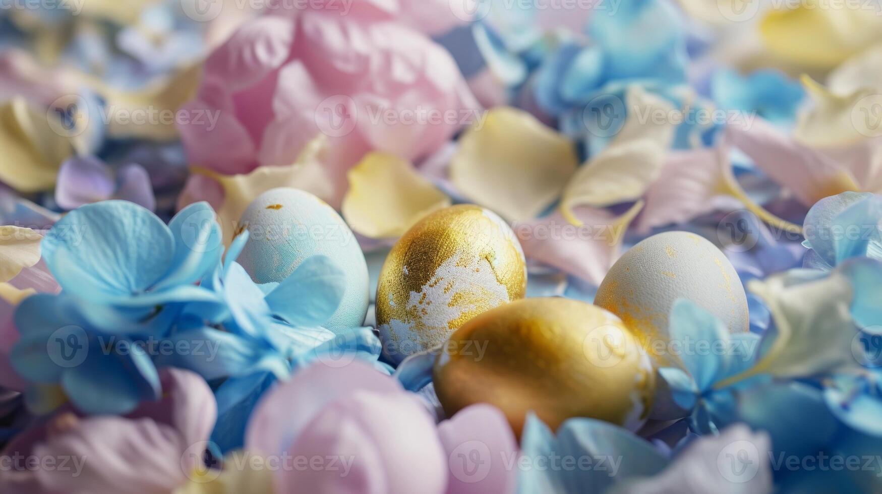 AI generated Colored Easter eggs on a background of flower petals, spring composition. Soft yellow- gold blue and white colors, pink and blue petals photo