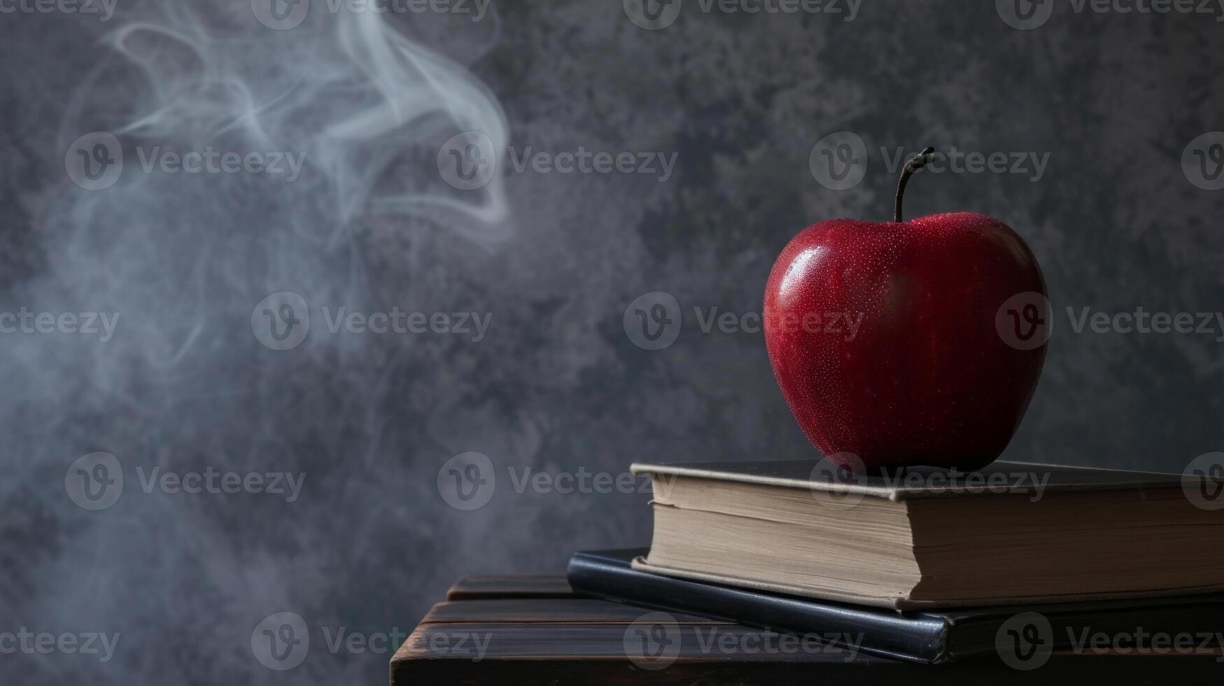 AI generated A red apple sitting on top of a stack of books on top of a black table next to a gray wall with smoke coming out of the back of it photo