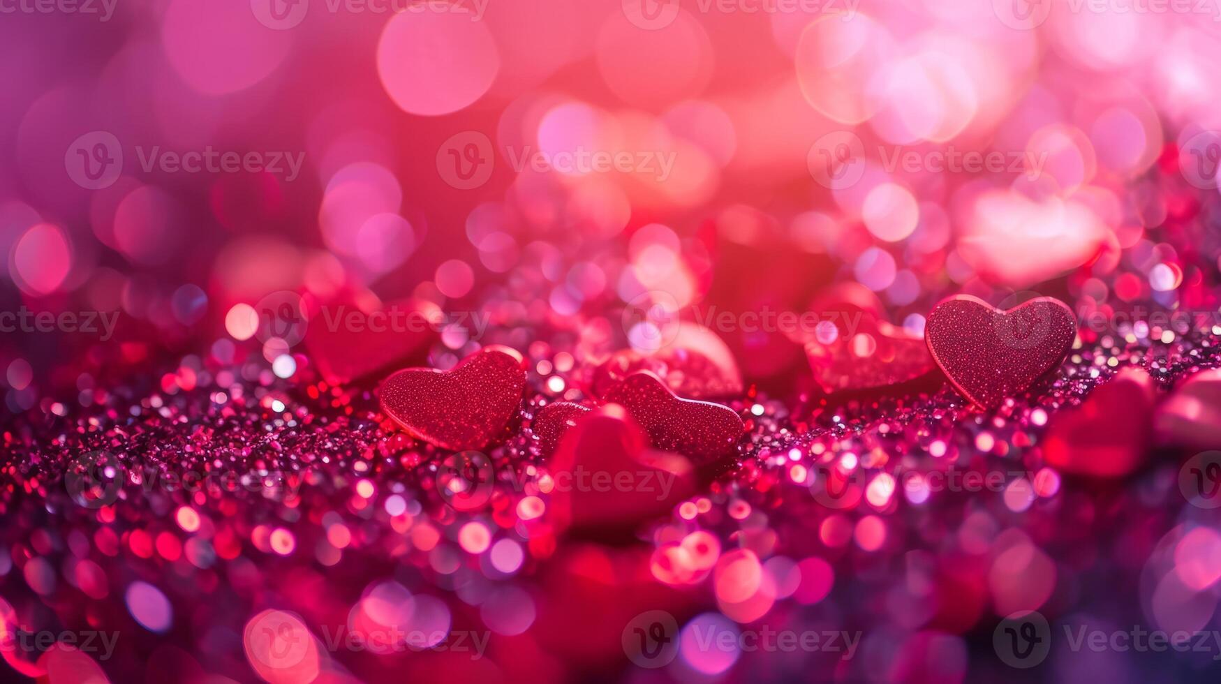AI generated Trendy viva magenta color of the year 2024, pink red hearts, sparkling glitter bokeh panoramic background banner, valentines day abstract defocused texture header photo