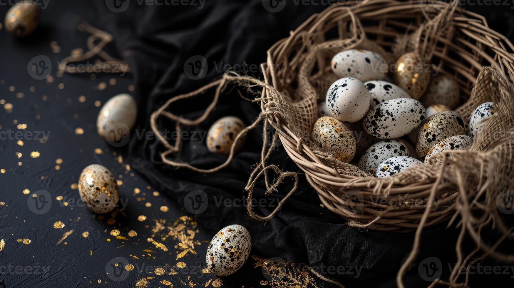 AI generated A basket filled with small speckled eggs on top of a black tablecloth covered tablecloth with gold flecks on it and a black background photo