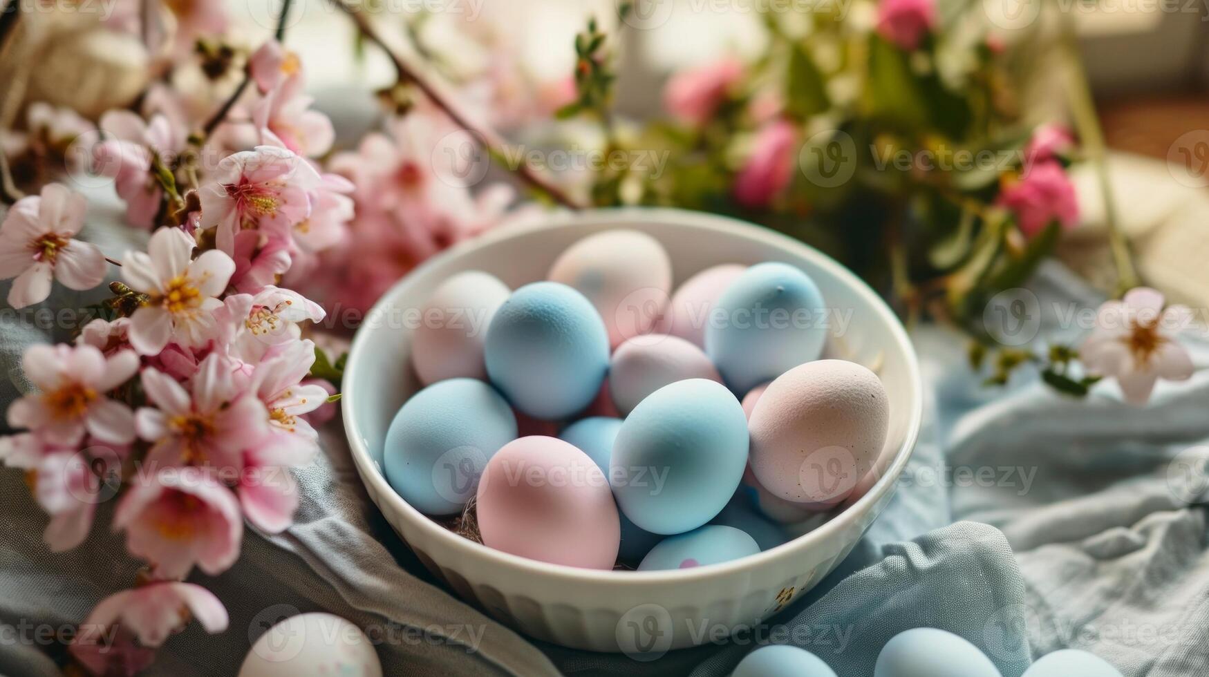 ai generado un blanco cuenco lleno con azul y rosado huevos sentado en parte superior de un mesa siguiente a un manojo de flores foto