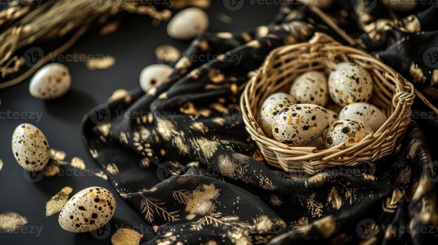 AI generated A basket filled with small speckled eggs on top of a black tablecloth covered tablecloth with gold flecks on it and a black background photo