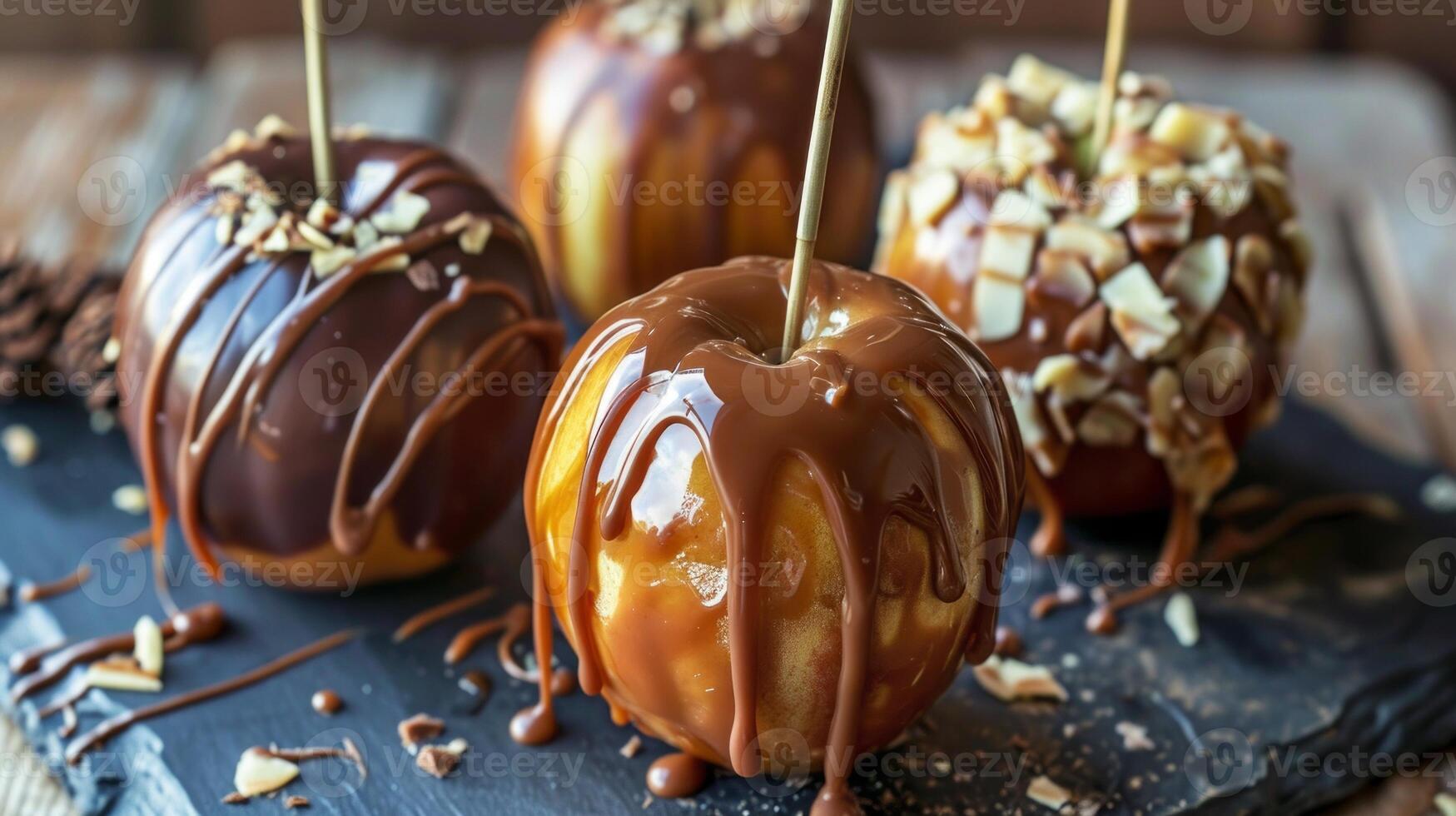 AI generated Caramel apples with caramel drizzle and chocolate drizzle on them, one with a caramel drizzle and one with a drizzle on top, the other with caramel photo
