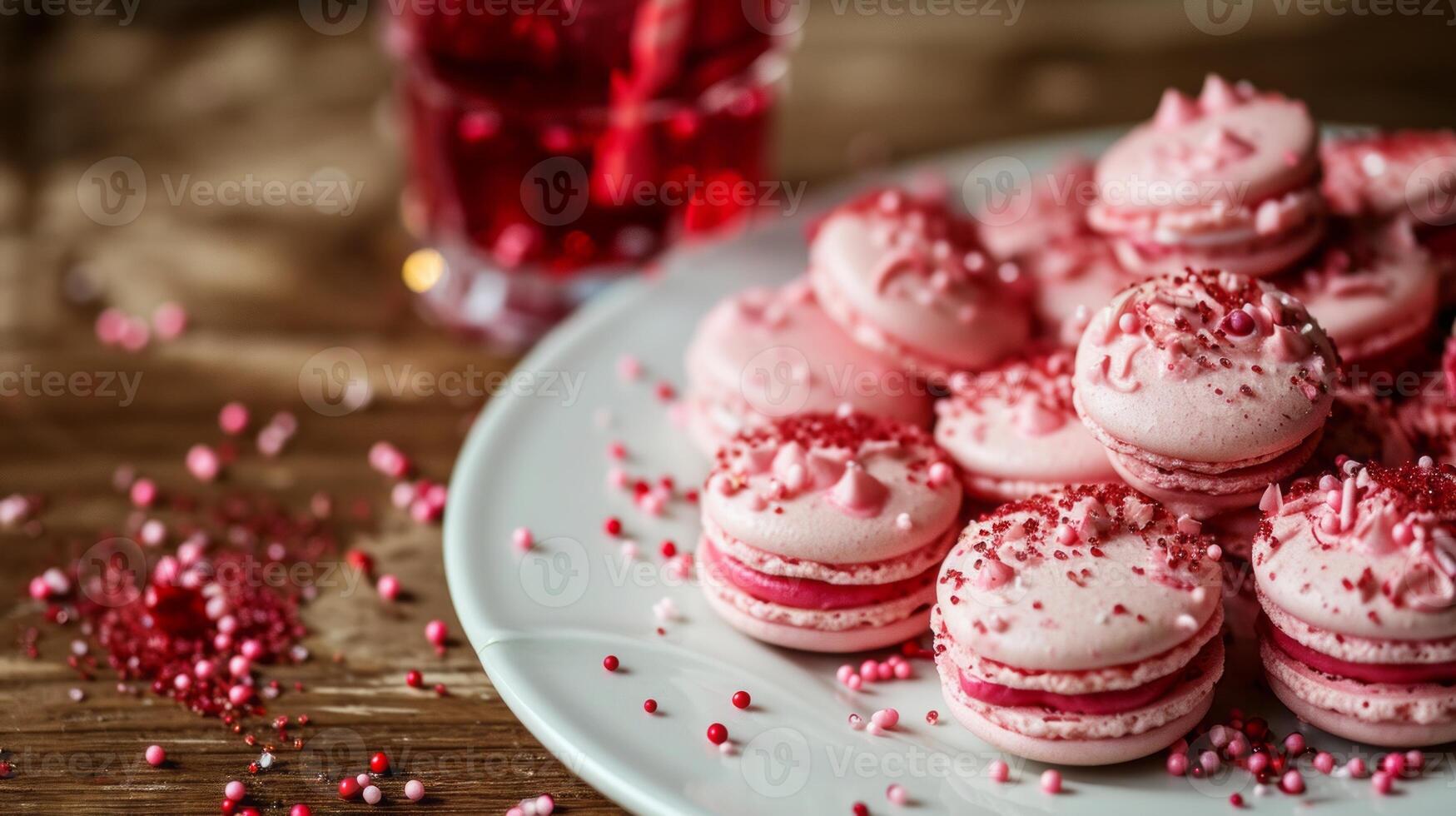 AI generated A white plate topped with lots of pink macaroons next to a glass of red liquid and sprinkles photo