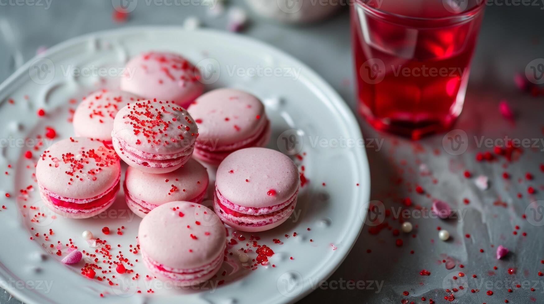 AI generated A white plate topped with lots of pink macaroons next to a glass of red liquid and sprinkles photo