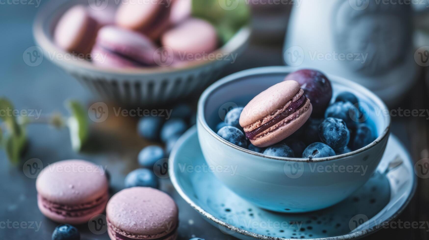 AI generated A bowl of blueberries and macaroons on a table photo