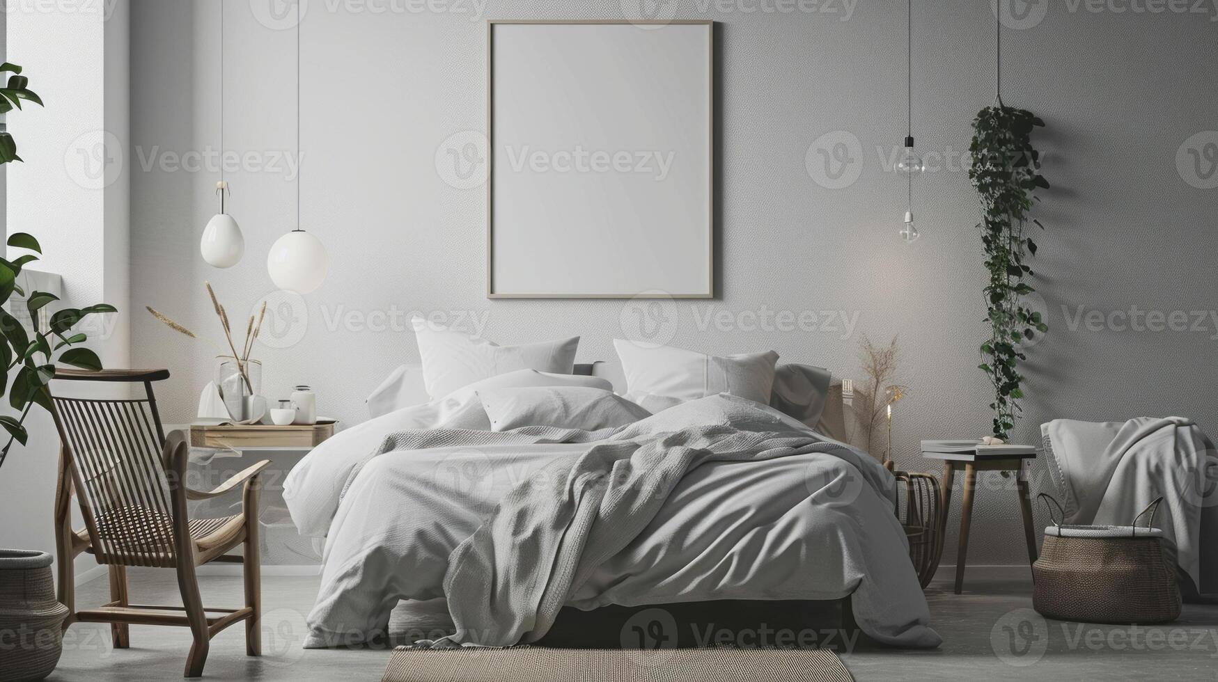 AI generated Mockup poster frame in bedroom, Scandinavian style, 3d render photo
