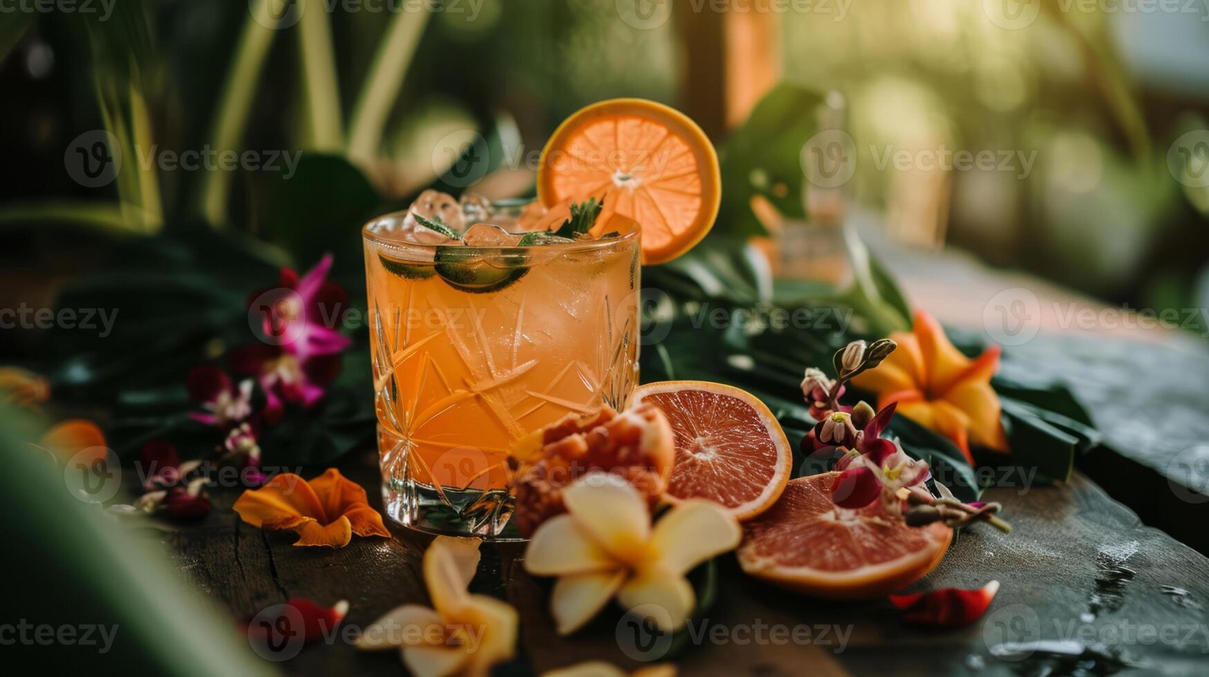 AI generated A glass filled with a drink next to sliced fruit and flowers photo