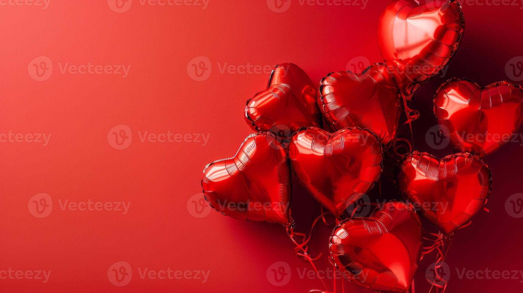 AI generated Heart shaped balloons on red background, flat lay with space for text. Saint Valentine's day celebration photo