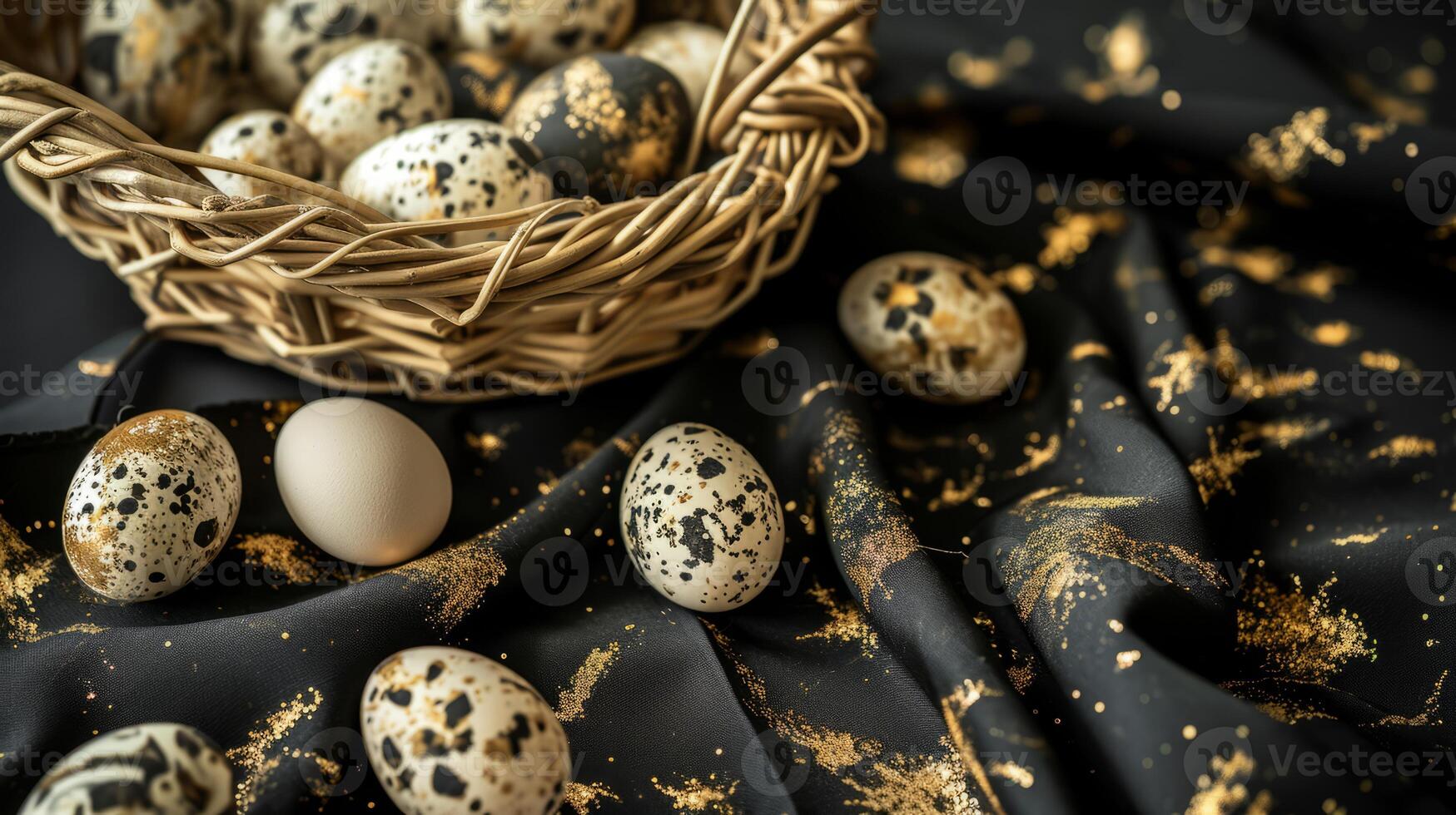 AI generated A basket filled with small speckled eggs on top of a black tablecloth covered tablecloth with gold flecks on it and a black background photo