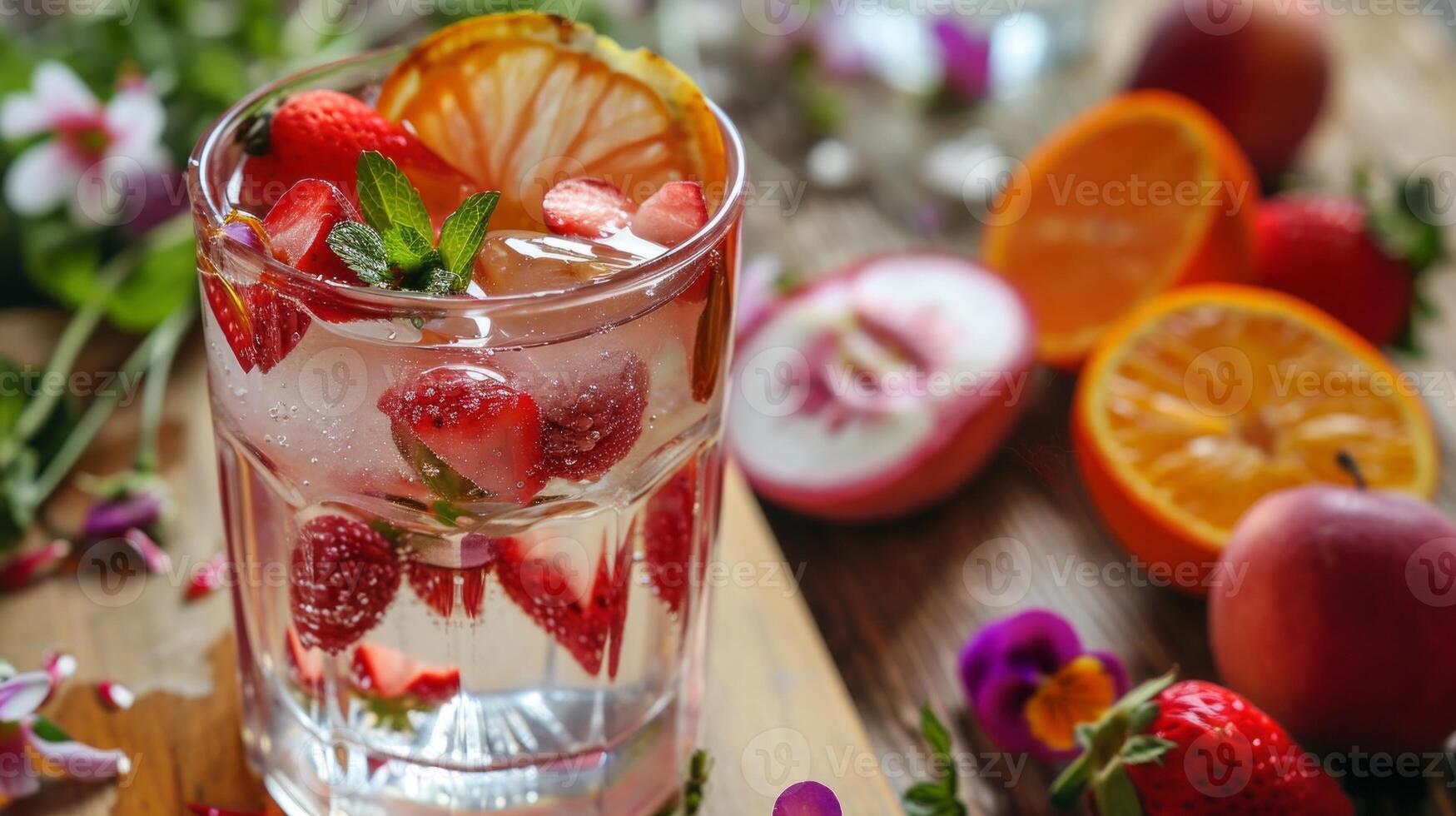 AI generated A glass filled with a drink next to sliced fruit and flowers photo