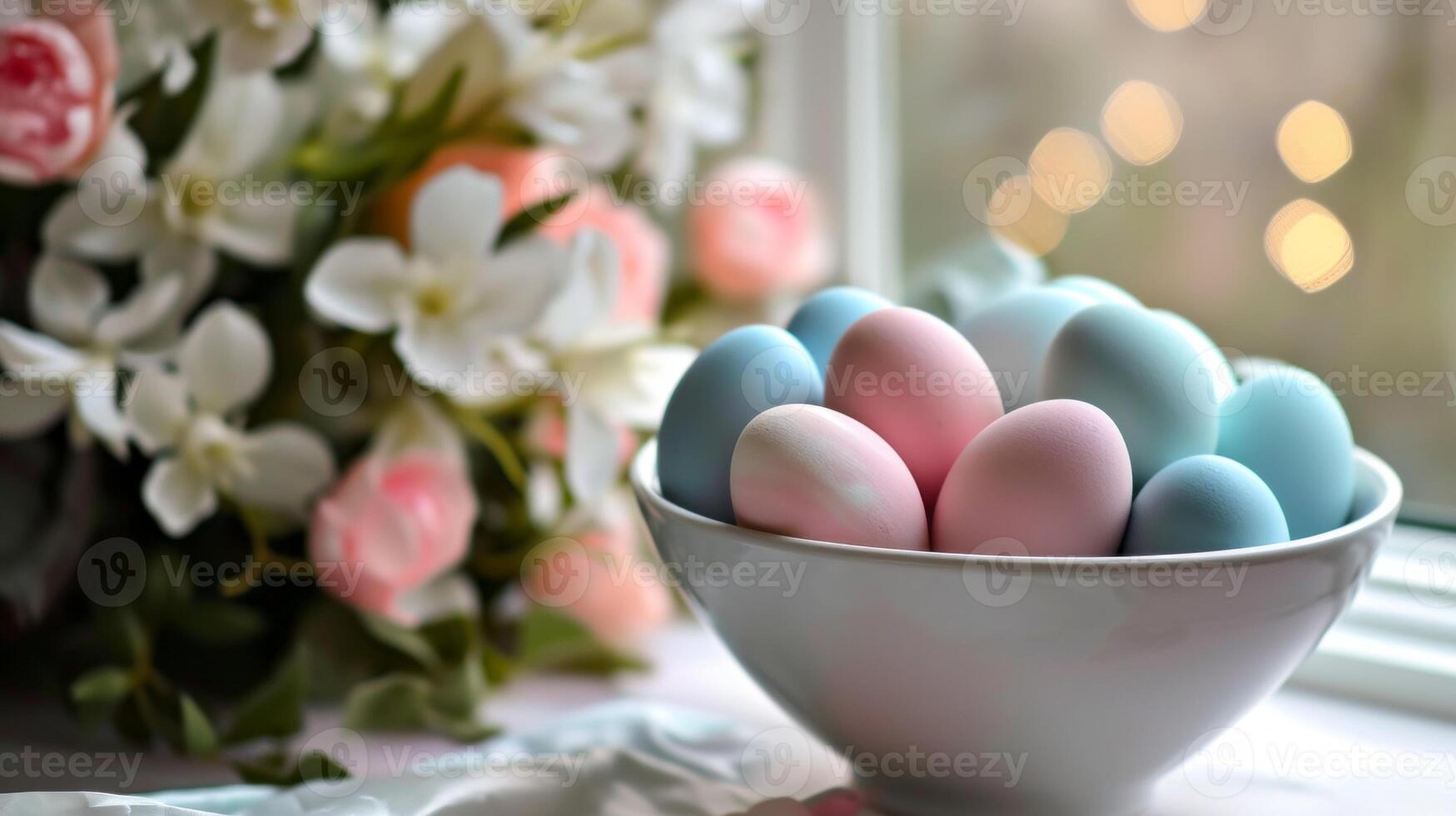 AI generated A white bowl filled with blue and pink eggs sitting on top of a table next to a bunch of flowers photo