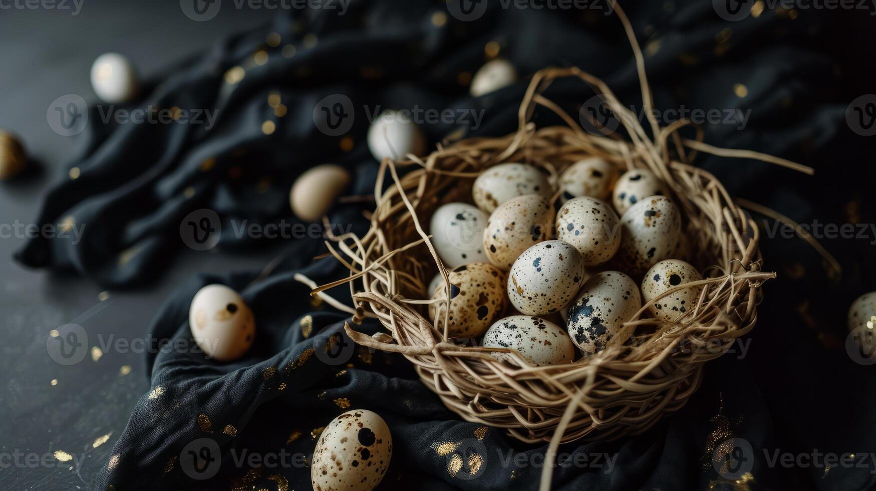 AI generated A basket filled with small speckled eggs on top of a black tablecloth covered tablecloth with gold flecks on it and a black background photo
