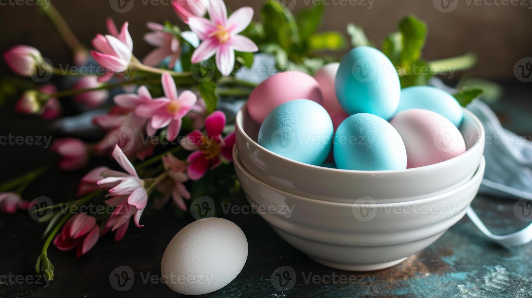 ai generado un blanco cuenco lleno con azul y rosado huevos sentado en parte superior de un mesa siguiente a un manojo de flores foto