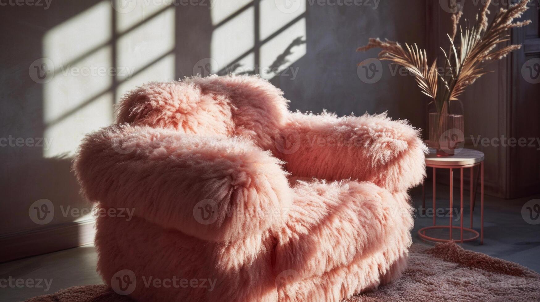 AI generated Fuzzy plush chair in peach fuzz color of the year 2024 photo