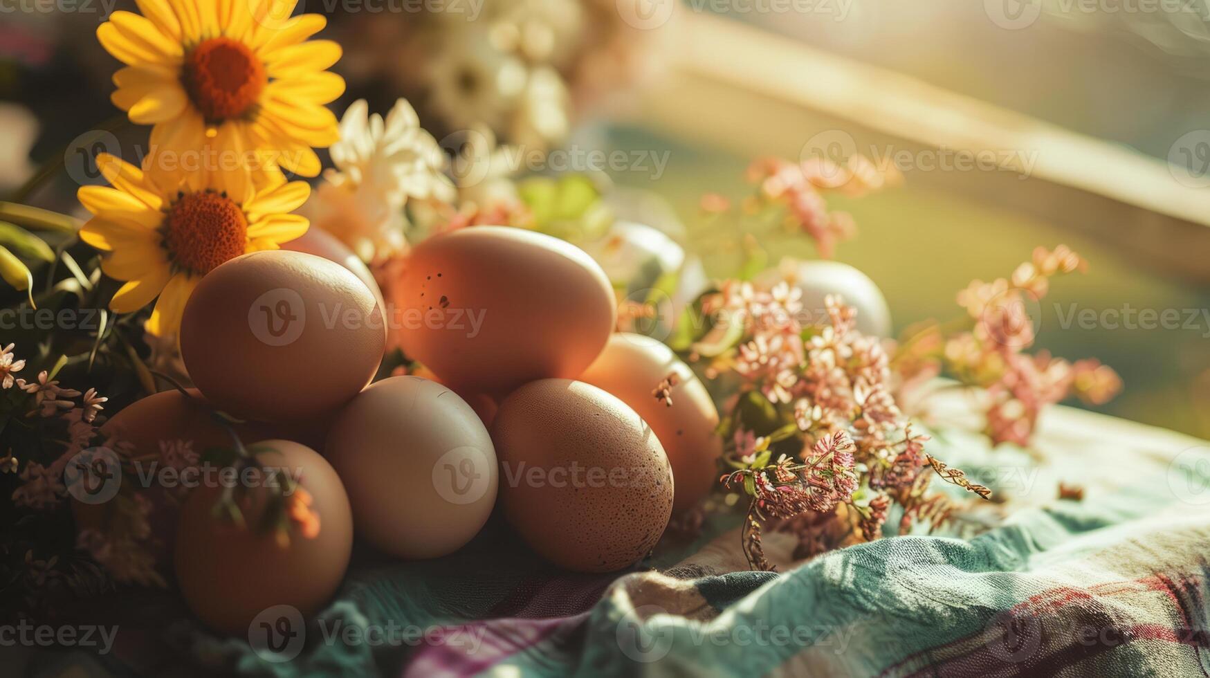 ai generado un manojo de huevos sentado en parte superior de un mesa siguiente a flores foto