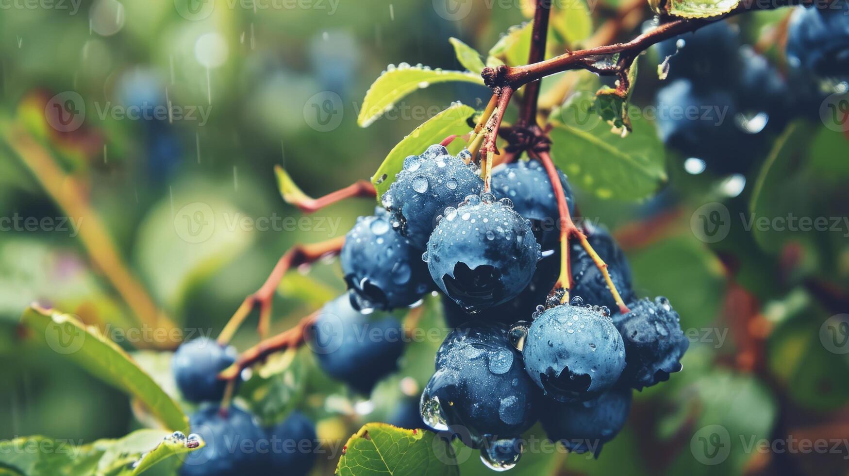 AI generated A bunch of blueberries with water droplets on them are hanging from a branch photo