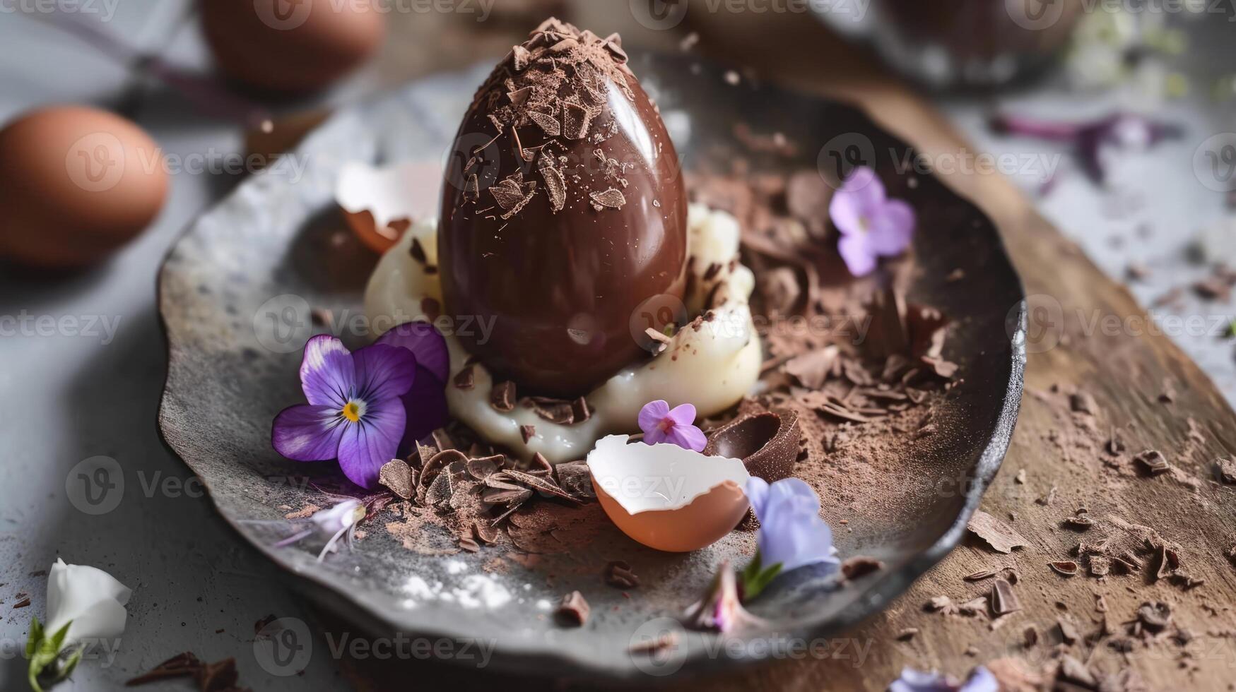 AI generated A chocolate egg with flowers and eggshells on a plate photo