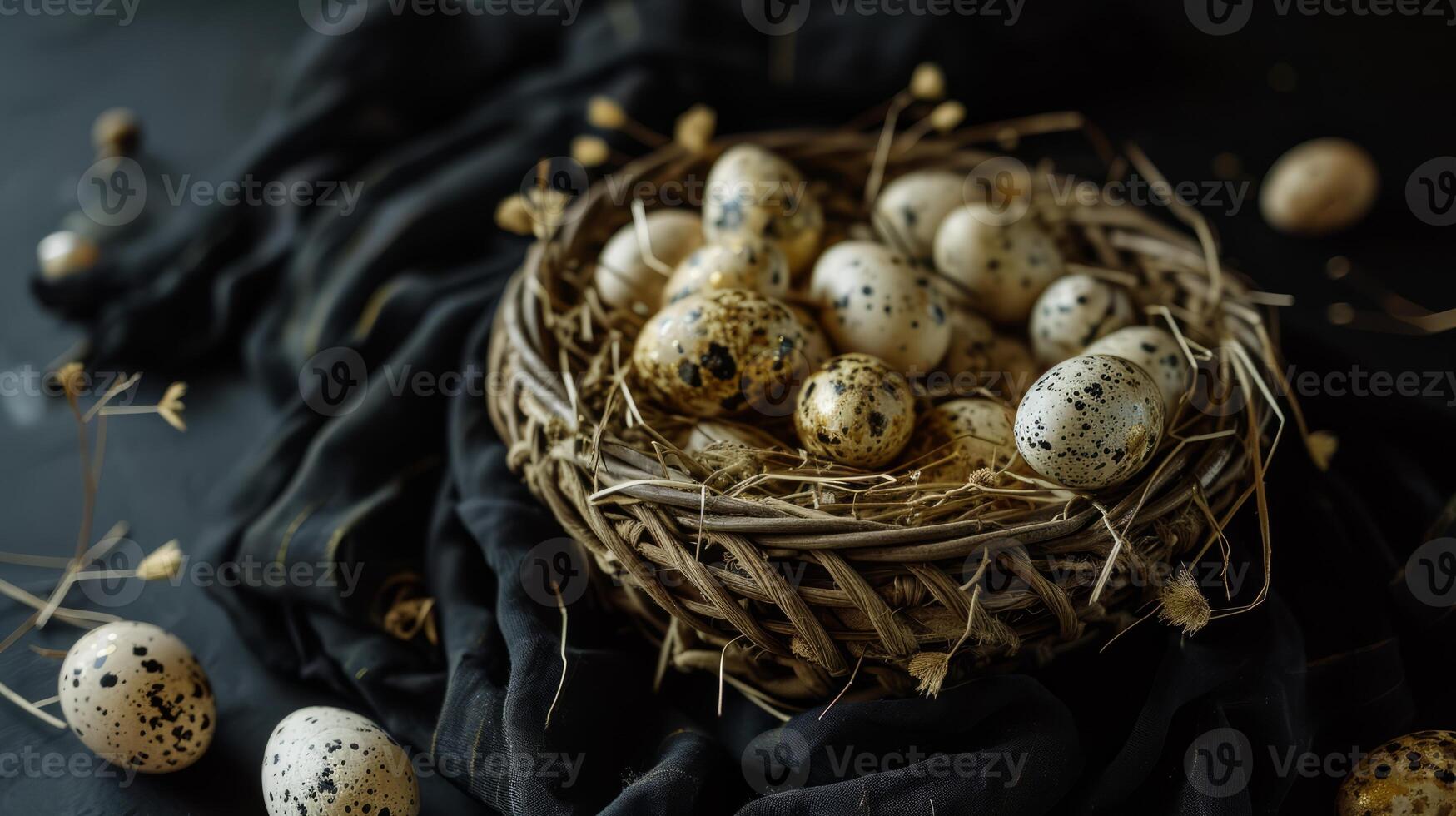 AI generated A basket filled with small speckled eggs on top of a black tablecloth covered tablecloth with gold flecks on it and a black background photo