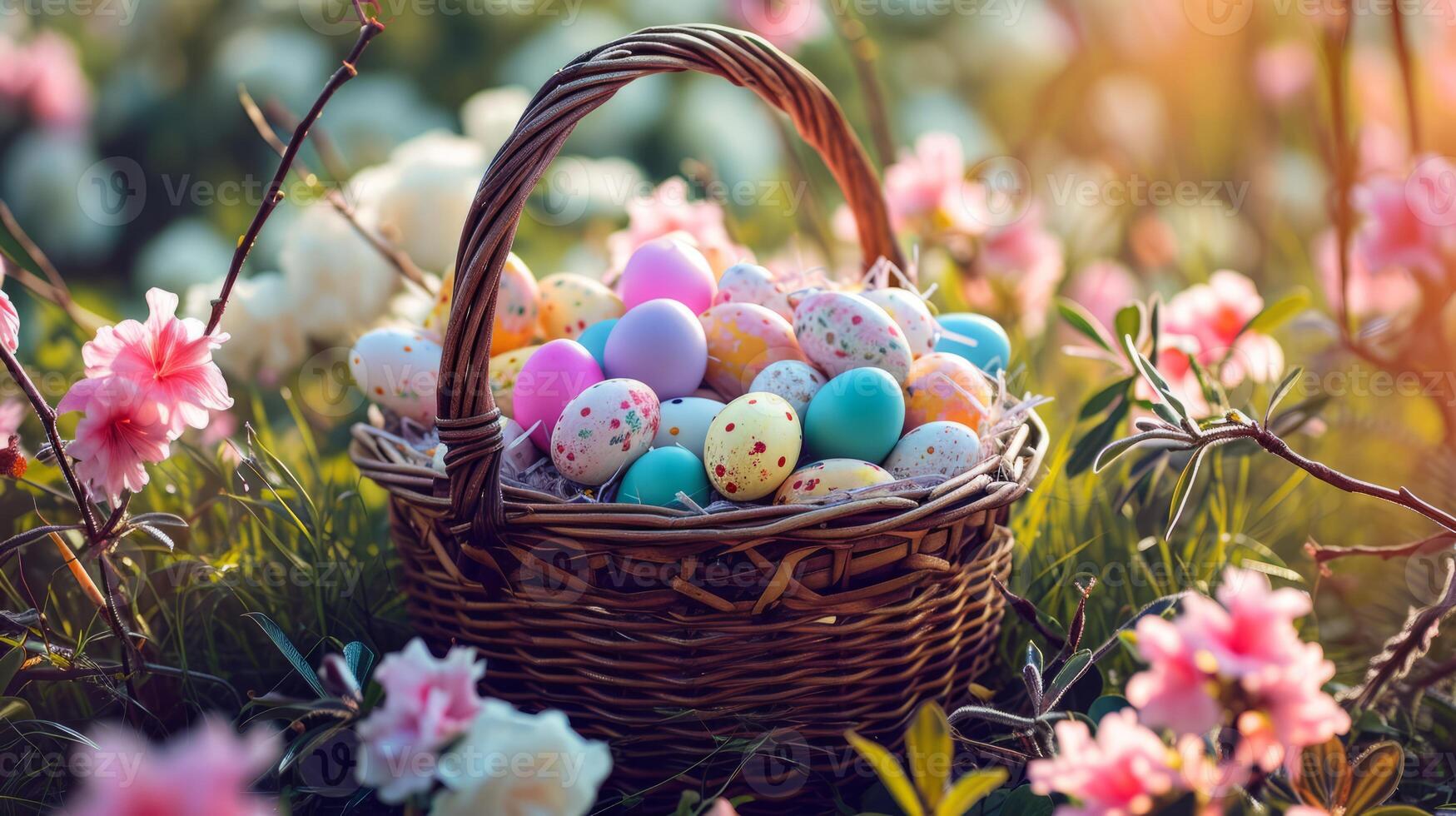 AI generated A basket filled with lots of colorful eggs on top of a bed of pink and white flowers next to pink and white flowers photo