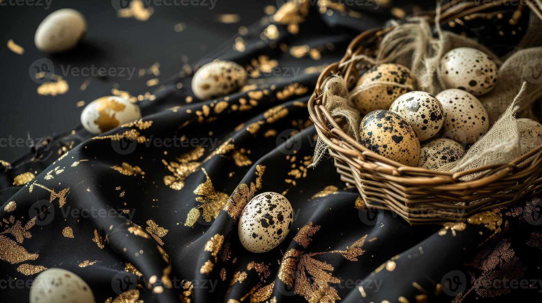 AI generated A basket filled with small speckled eggs on top of a black tablecloth covered tablecloth with gold flecks on it and a black background photo