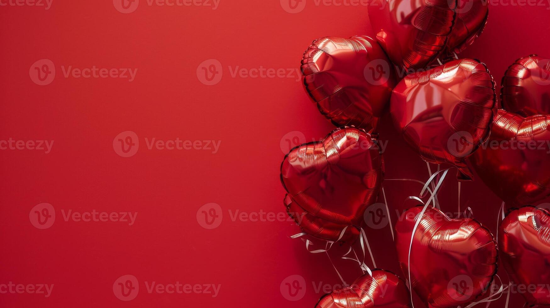 AI generated Heart shaped balloons on red background, flat lay with space for text. Saint Valentine's day celebration photo