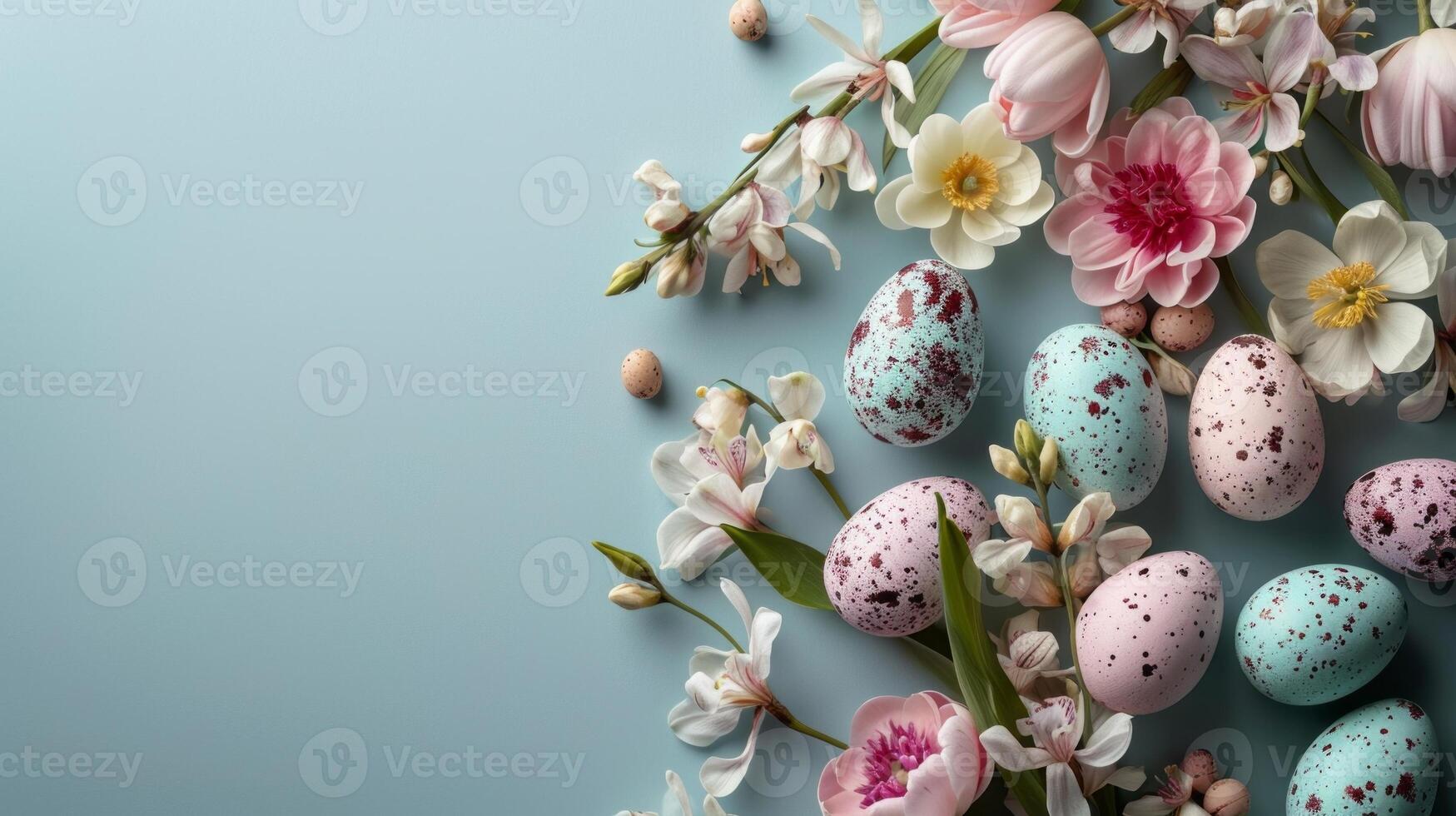 AI generated Floral oval adorned with Easter eggs and flowers, viewed from above. Minimalist pastel background with space for text photo