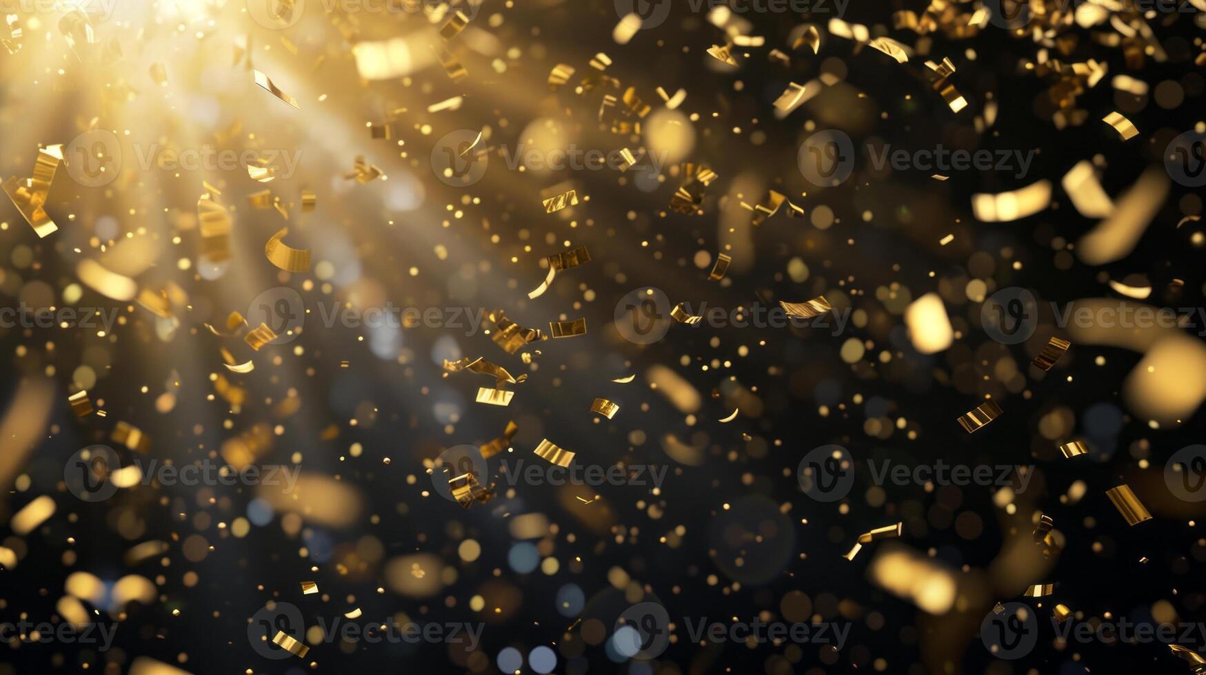 AI generated Shimmering gold confetti flying on dark background photo