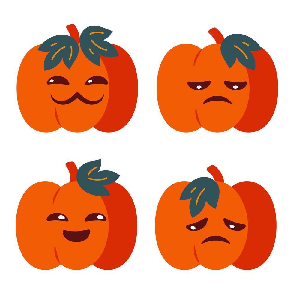 Funny pumpkin with emotions. Collection of Halloween stickers for chats. Vector illustration