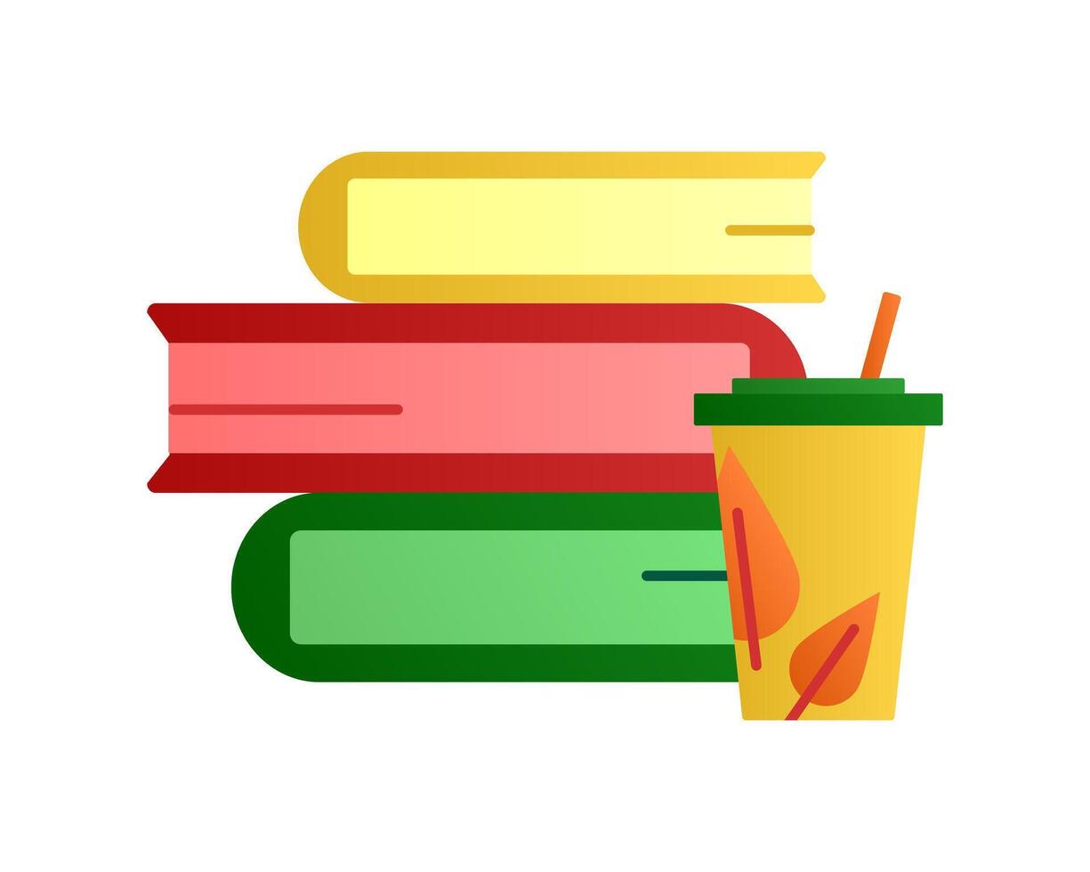 A stack of books and a coffee disposable cup with autumn leaves. Gradient colors. Illustration of study, education. vector