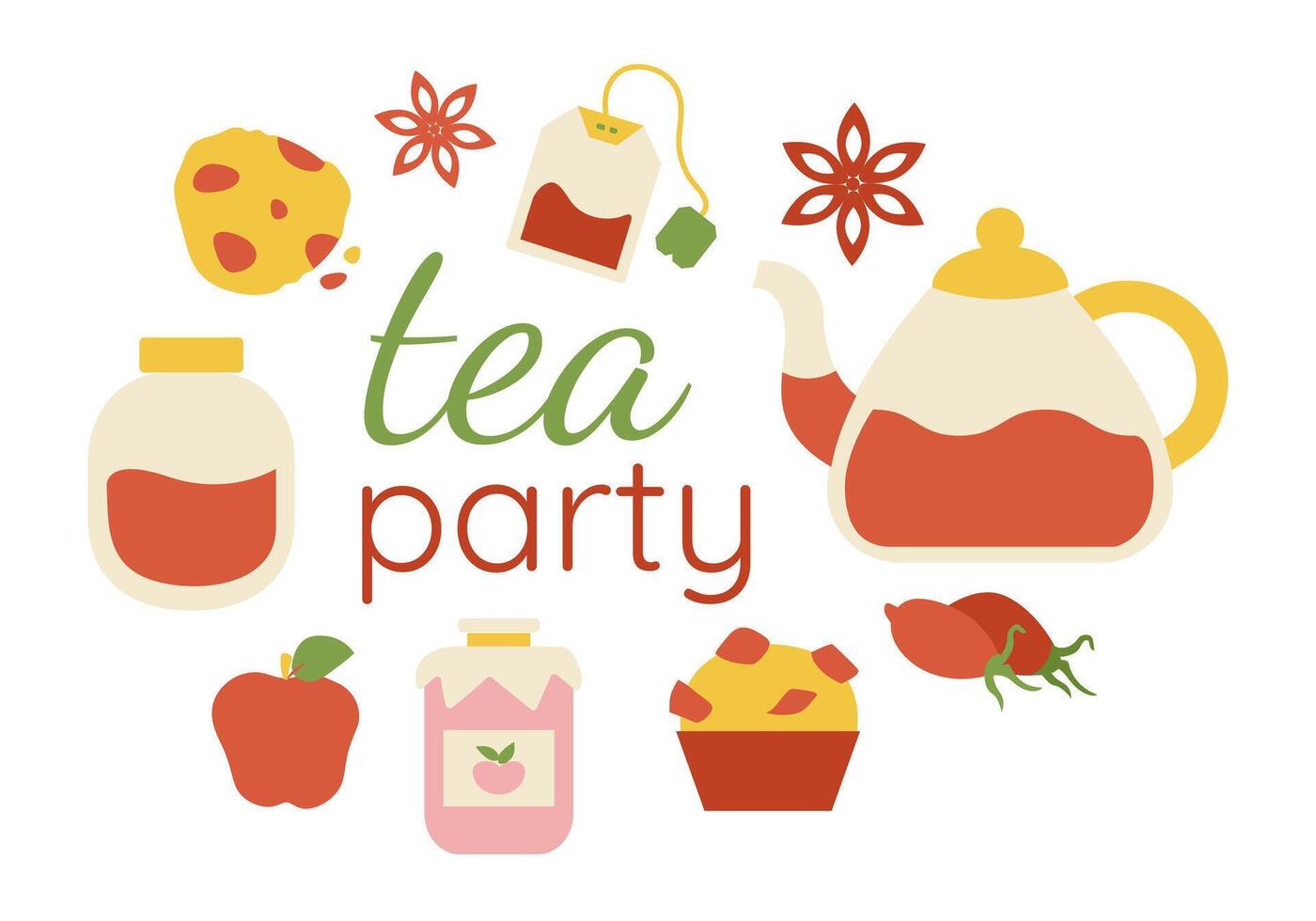 Collection Tea Party - food and drink. Muffins, tea, jam. Rosehip and apple. Vector illustration