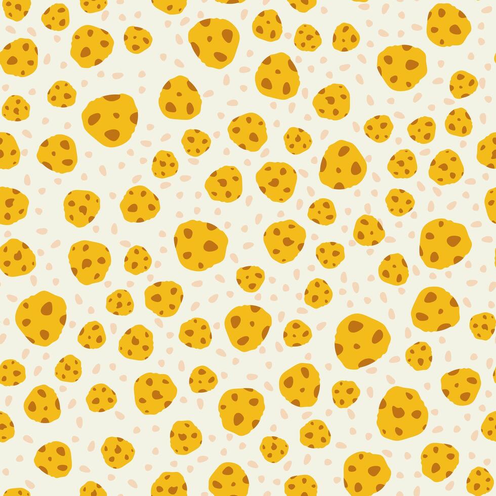 Seamless pattern of cookies with chocolate chips or nuts. Crumbs from cookies. Chaotic location vector