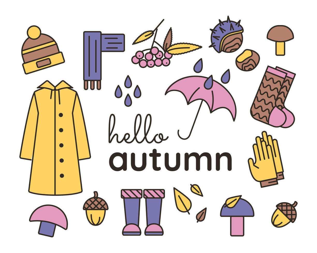 Collection of autumn items - waterproof clothes and an umbrella. Walk through the woods. Collect nuts and mushrooms. Vector illustration