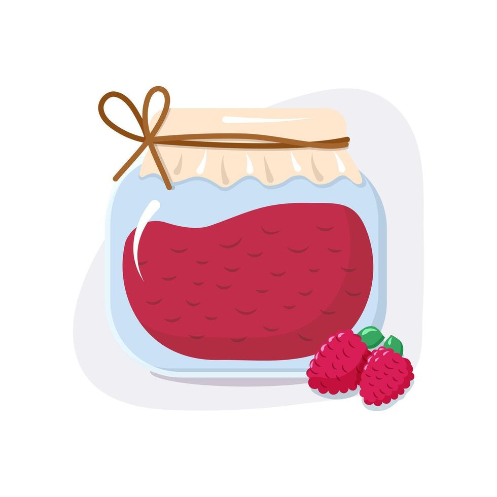 Glass jar with homemade raspberry jam. Grandmother's berry jam. Conservation. Isolated illustration. vector