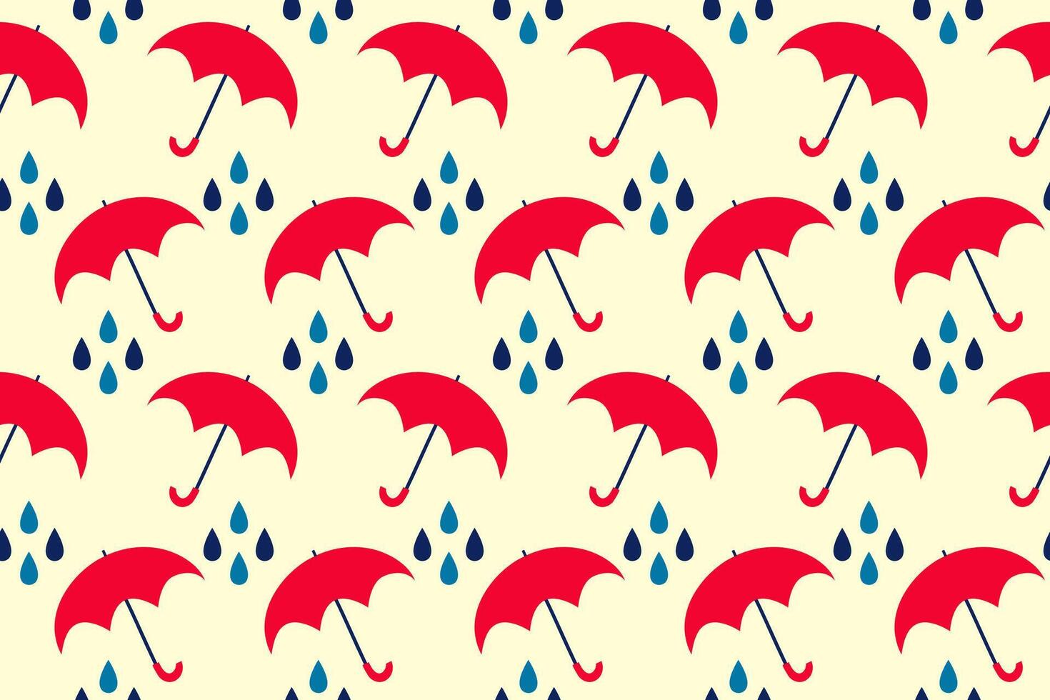 Seamless pattern of open red umbrella and raindrops on a beige background. Cheerful pattern vector