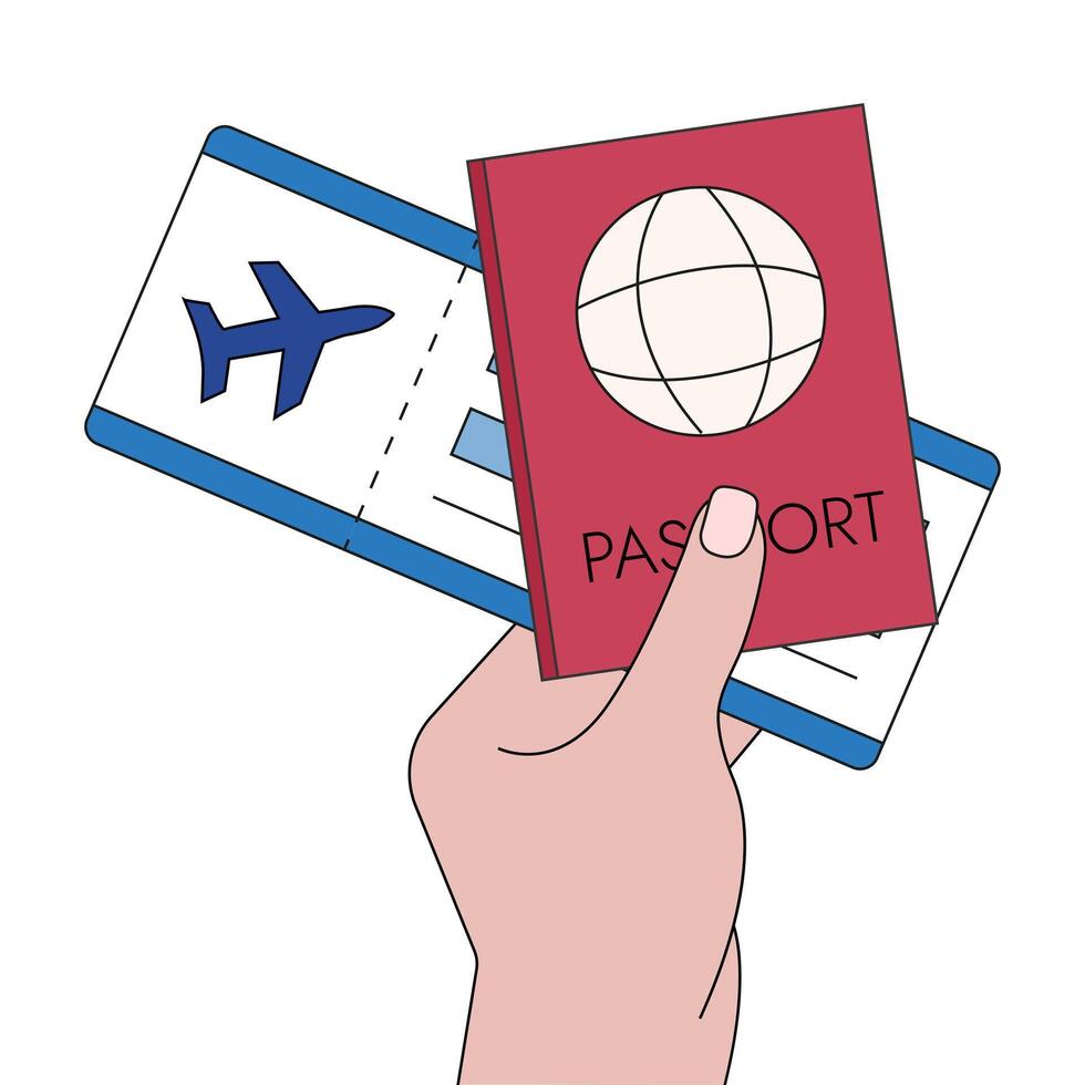 The hand of the tourist holds a passport and a plane ticket. Traveling on vacation vector