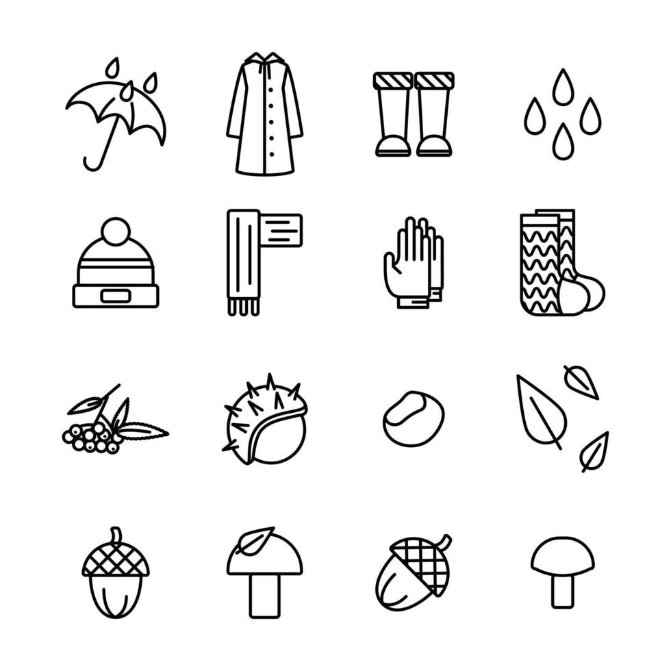 Contour icon collection of autumn items - waterproof clothes and an umbrella. Walk through the woods. Collect nuts and mushrooms. Vector illustration