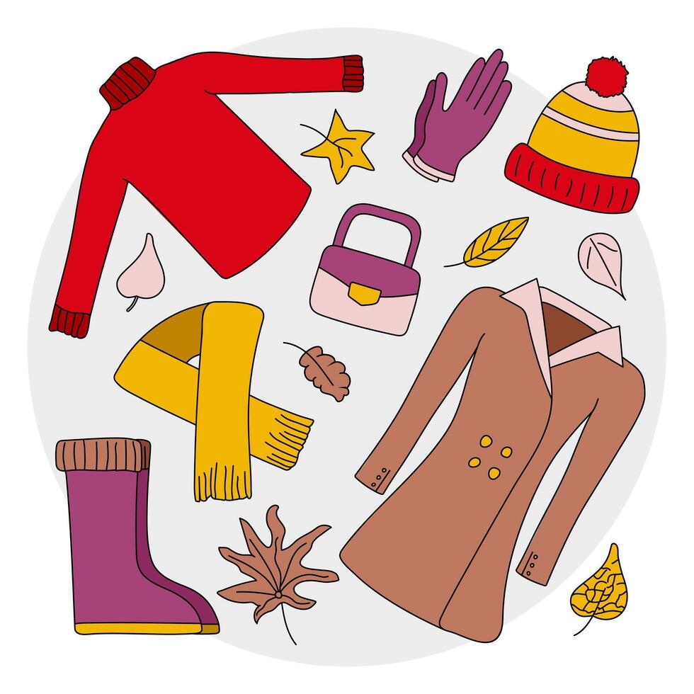 Collection of women's warm clothes for autumn. Knitted sweater, hat and scarf. Coats, gloves and boots. Lady's bag vector
