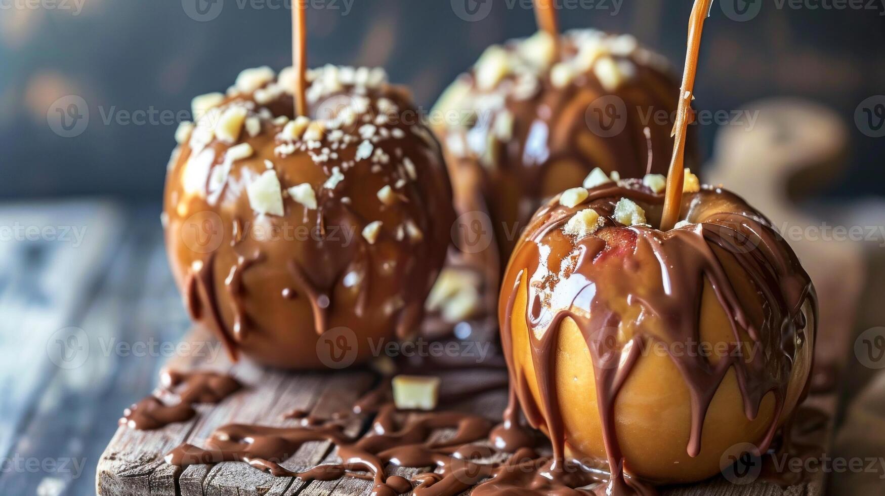 AI generated Caramel apples with caramel drizzle and chocolate drizzle on them, one with a caramel drizzle and one with a drizzle on top, the other with caramel photo