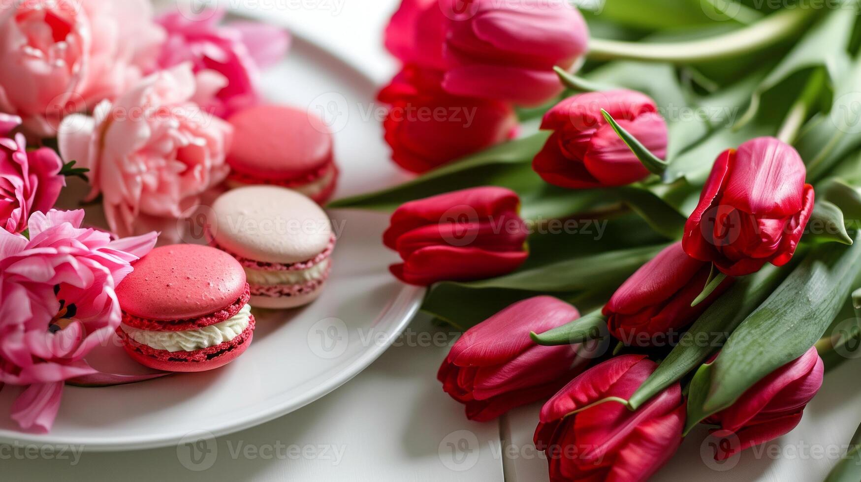 AI generated A white plate topped with pink and red macaroons next to a bouquet of red and pink tulips photo