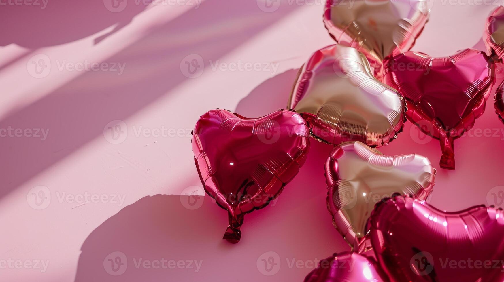 AI generated Heart shaped balloons on red background, flat lay with space for text. Saint Valentine's day celebration photo