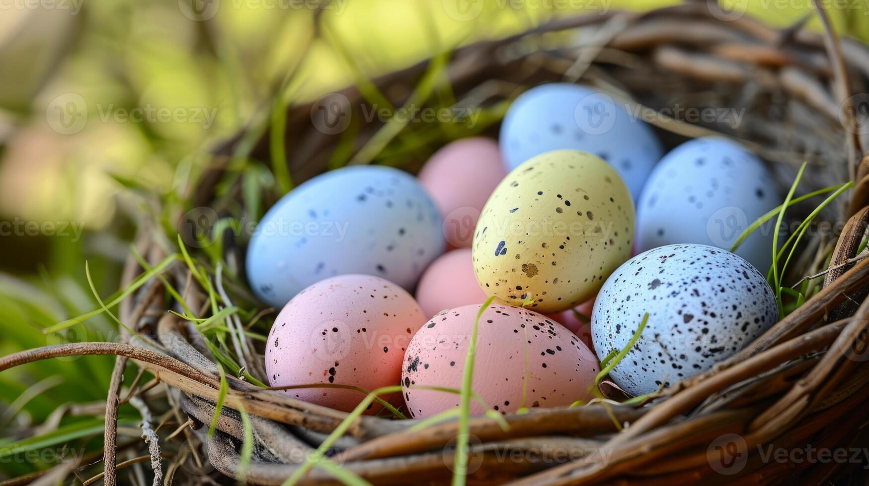 AI generated A bunch of eggs that are sitting in a basket with some grass on the side of the eggs are blue, pink, yellow, and white with speckles and speckles on them photo