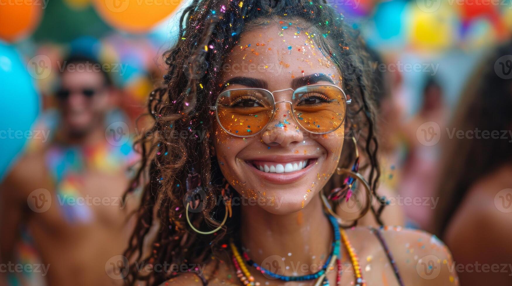 AI generated Portrait of a beautiful young woman with dreadlocks smiling at the camera during the brazilian festival. photo