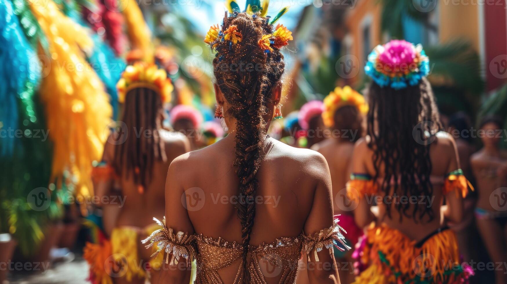 AI generated Rear view of a young woman with dreadlocks dancing in a colorful costume. photo