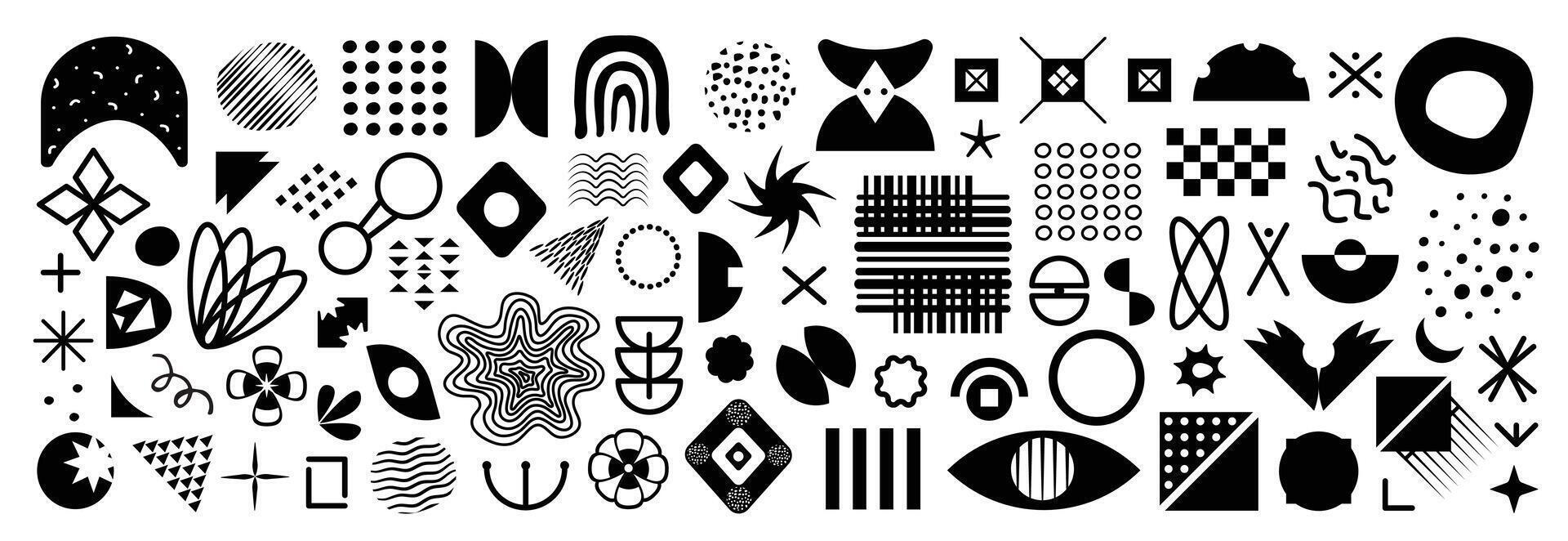 Big black and white brutalist elements set, monochrome memphis design geometric shapes, brutal primitive figures of swiss design, vector forms and shapes of y2k style