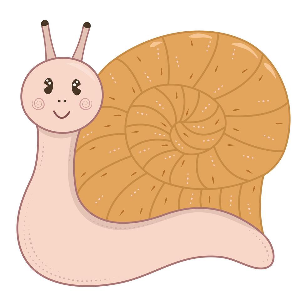 Cute and happy single snail, vector color illustration with elements of boho and groovy style