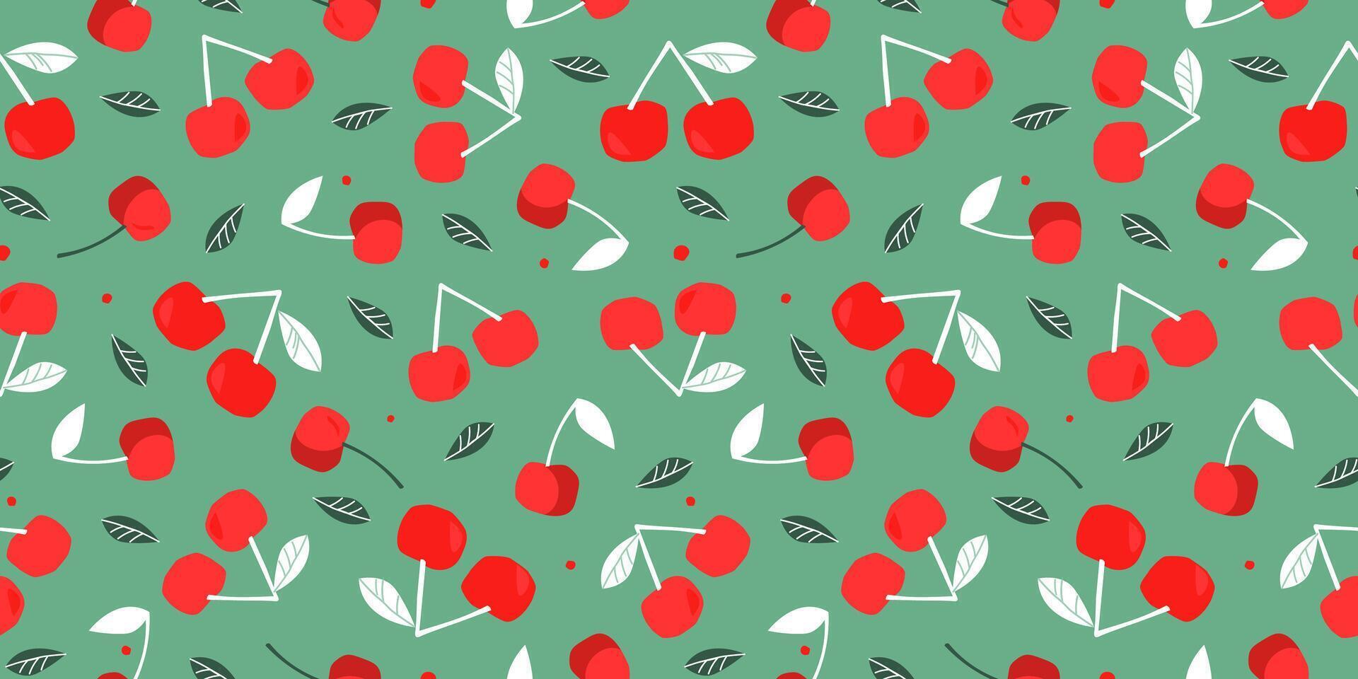 Seamless pattern with cherries on a branch with leaves. Summer abstract juicy food print. Vector graphics.