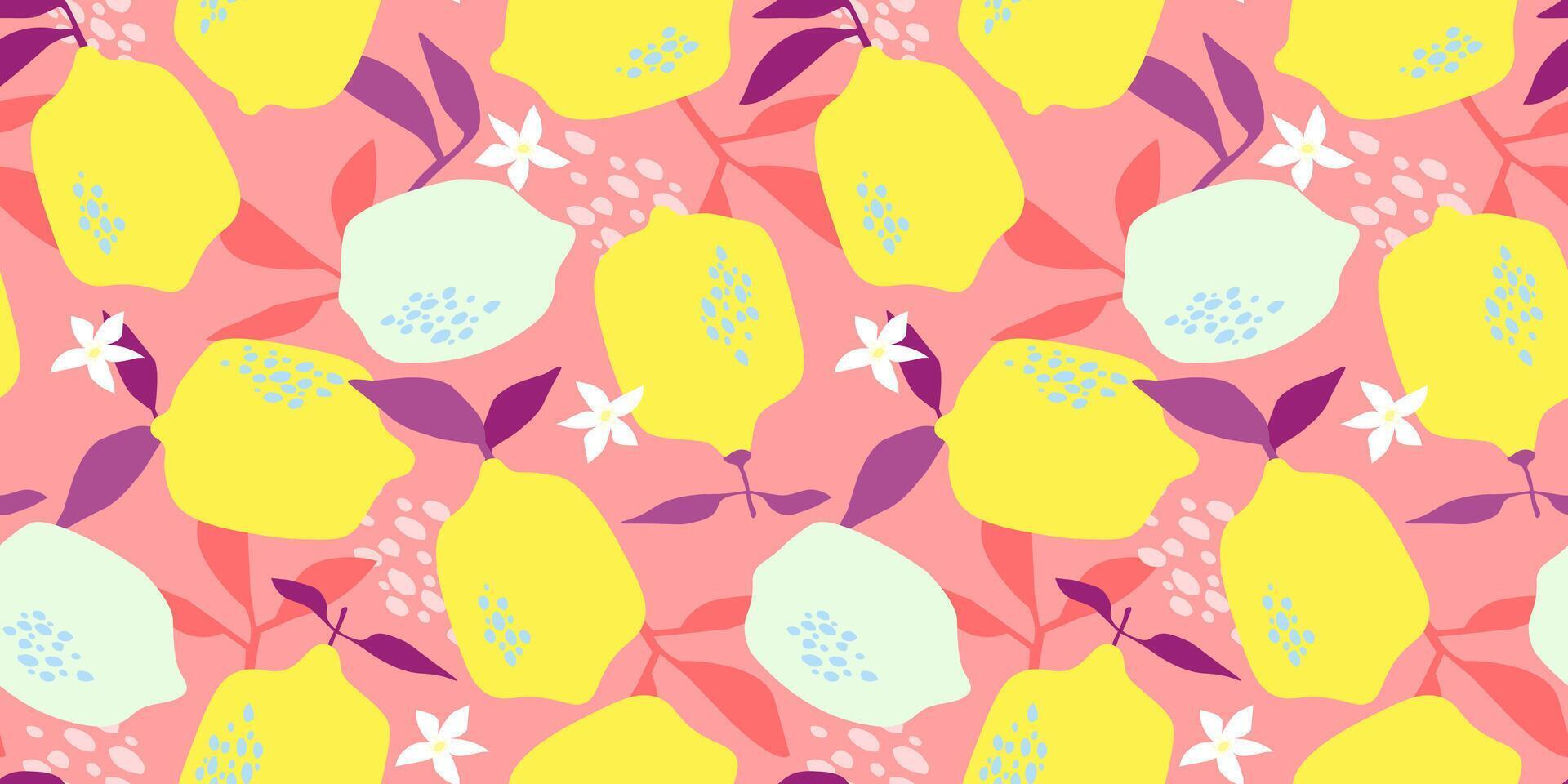 Seamless bright pattern with abstract lemons. Citrus fruit with leaves, flowers. Vector graphics.