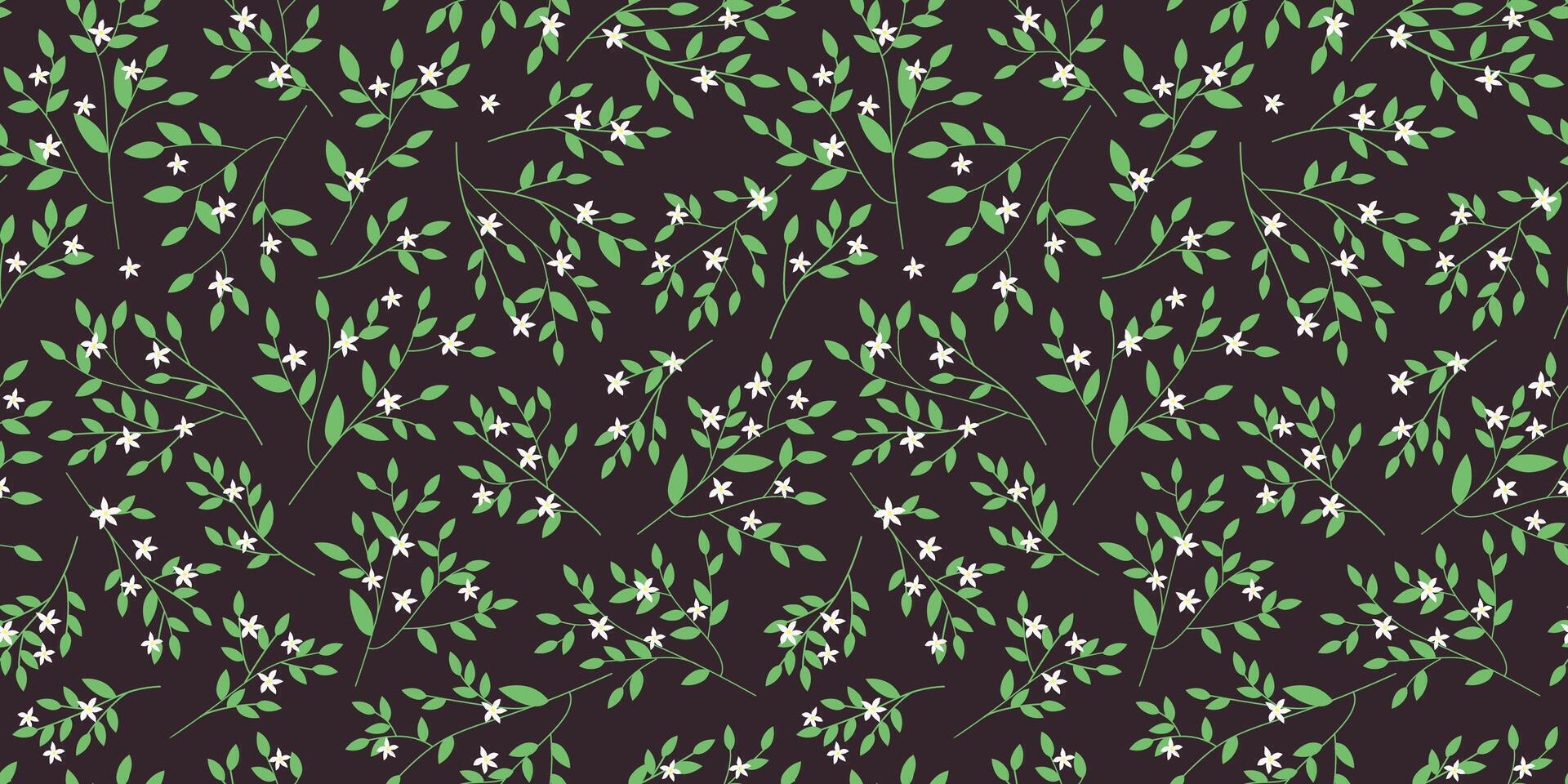 Seamless pattern with plant print. Delicate flowers on branches with leaves. Vector graphics.